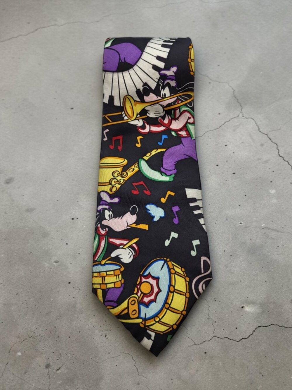 Vintage Disney Goofy Musical Band Black Silk Tie